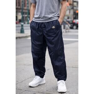 Champion Vintage Mens Navy Blue Windbreaker Nylon Track Pants Joggers Tie Waist